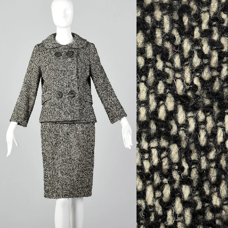1960s Black and White Boucle Wool Skirt Suit chiffon skirt lightweight