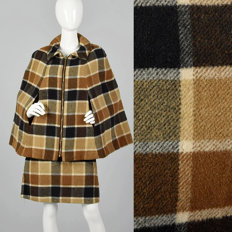 1960s Brown Plaid Skirt Suit with Cape wool skirt warm