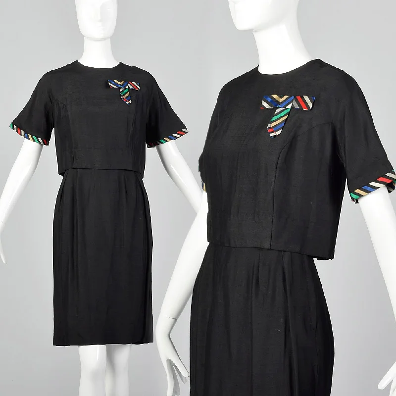 1960s Two Piece Skirt Suit with Ribbon Stripe Trim elastic waist skirt
