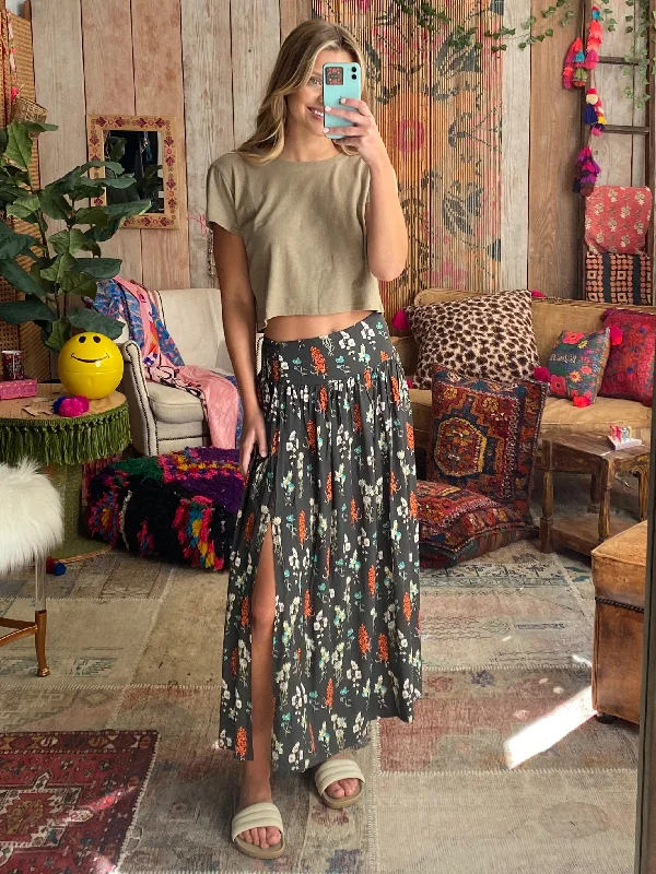Addie Midi Skirt - Charcoal Bouquet tiered skirt playful