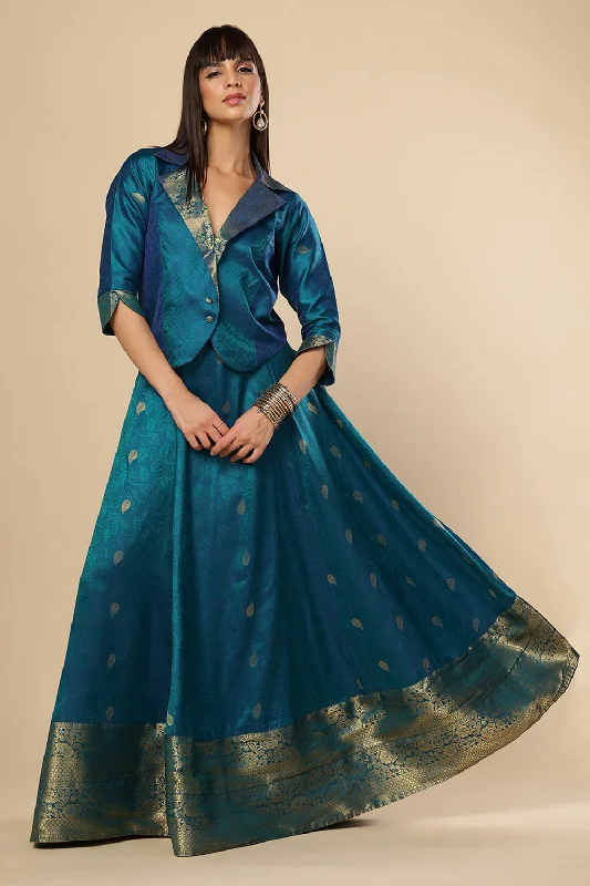 Adina Blue Silk Foil Print Lace Adjustable Waist Ethnic Saree Skirt wool skirt sturdy