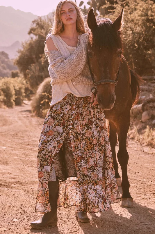 Autumn Bouquet Floral Chiffon Button-Front Maxi Skirt linen skirt breathable