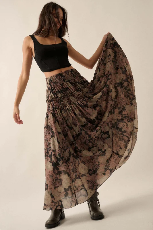Blossoms Twirl Smocked Floral Maxi Skirt velvet skirt rich