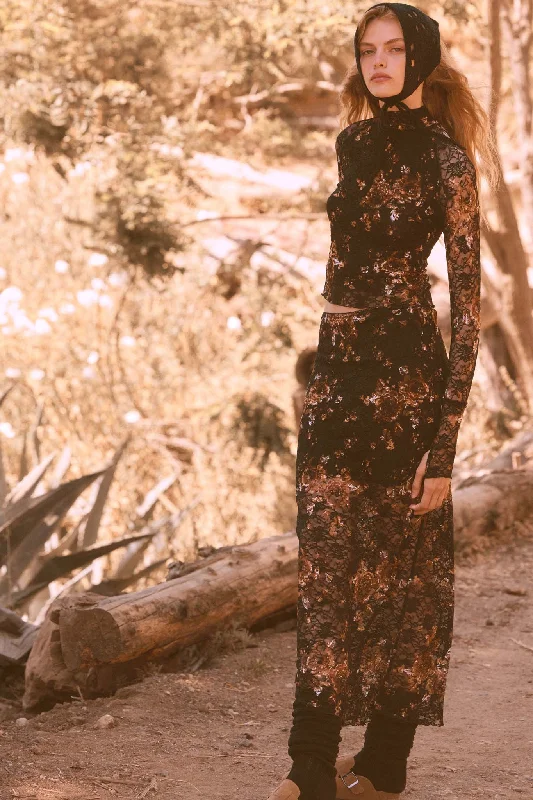 Fields of Gold Floral-Print Lace Maxi Skirt corduroy skirt cozy
