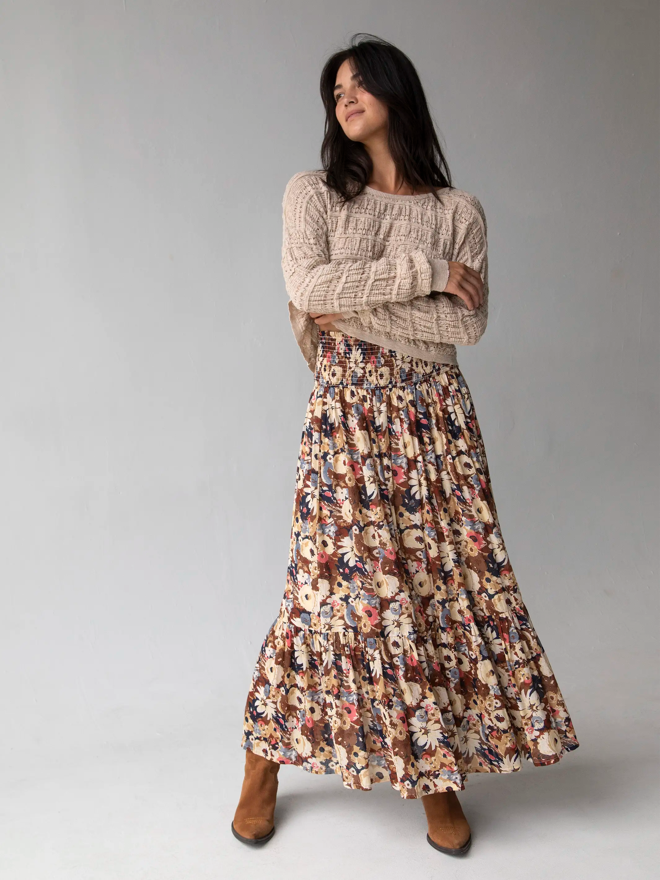 Flora Cotton Convertible Maxi Skirt - Brown Navy Floral a-line skirt cut