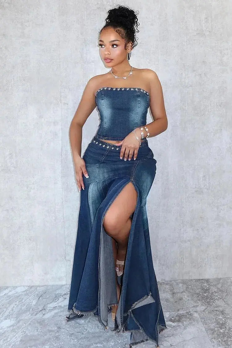 FZ Women's Studded Tube High Slit Raw Trim Vintage Matching Maxi Denim Skirt Suit asymmetrical skirt cut