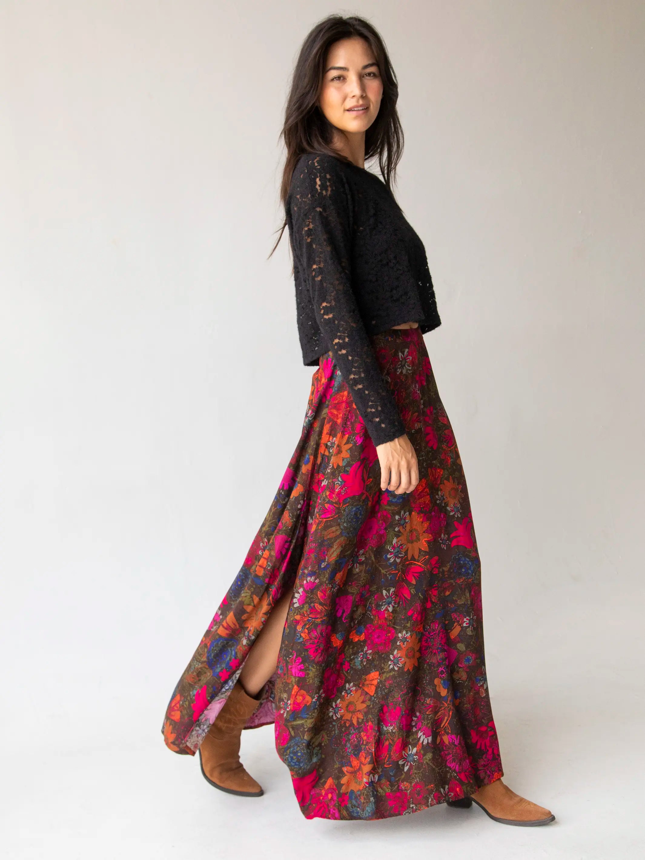 Ginger Side-Slit Maxi Skirt - Indigo Pink Orange leather skirt sleek