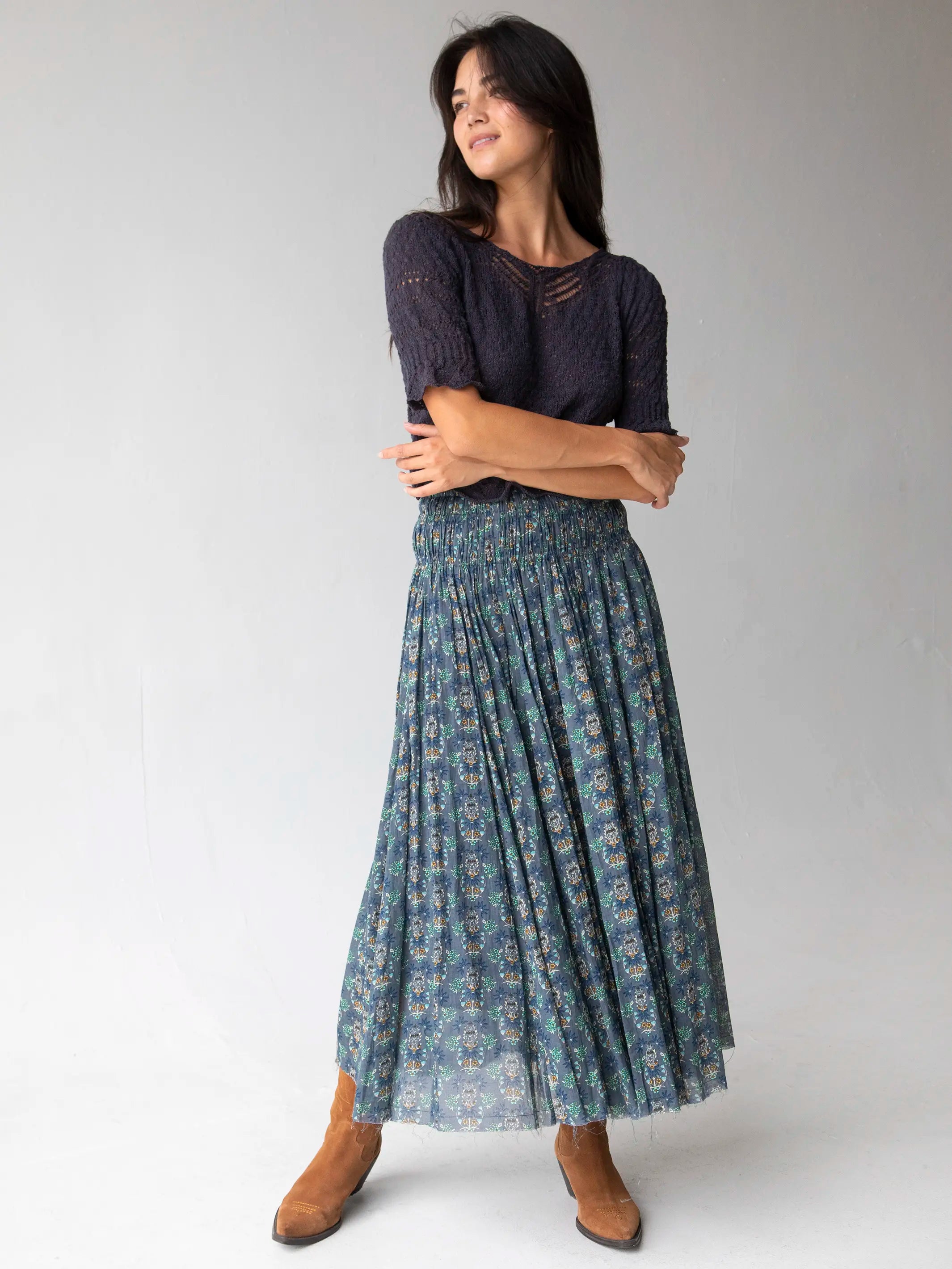 Laurel Convertible Maxi Skirt - Teal Floral Medallion leather skirt sleek