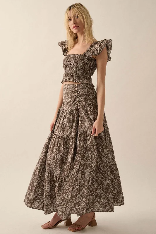 Lavish Blossoms Floral Tiered Ruffle Maxi Skirt wool skirt breathable