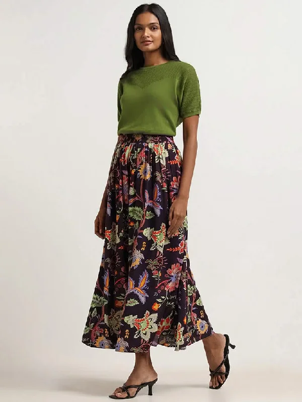 LOV Dark Purple Floral Printed Skirt corduroy skirt durable