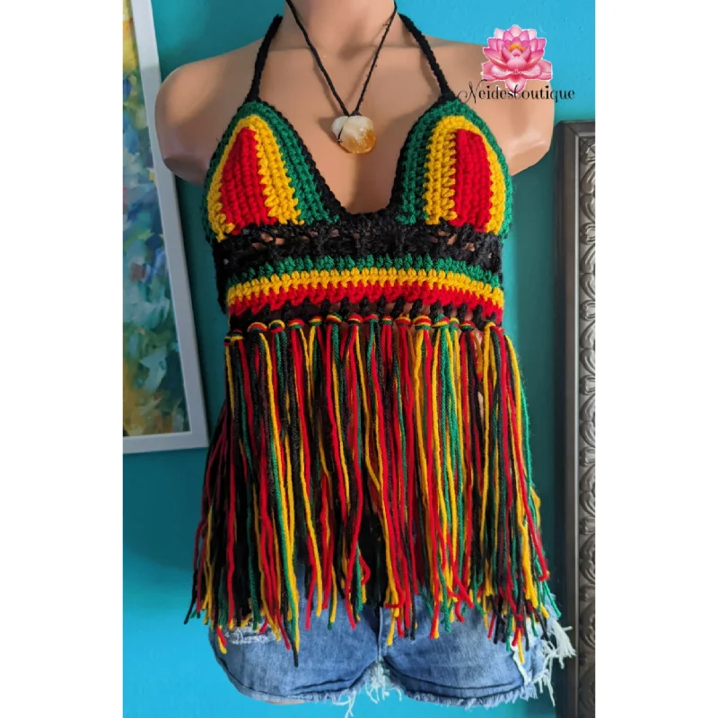 Rasta Fringe Bralette, Rasta crop top, crochet top, beach skirt, festival skirt, Jamaican festival, beach outfit, bohemian style,best friend corduroy skirt cozy