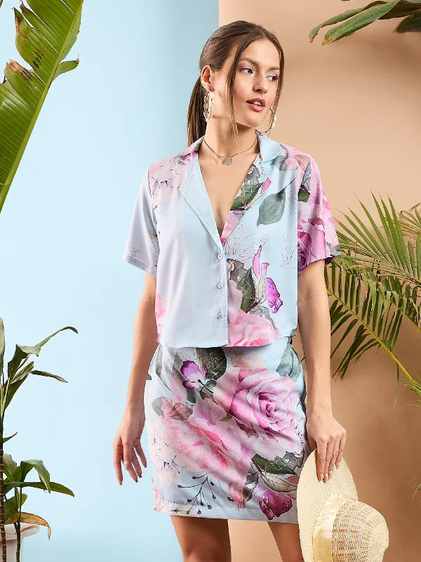 Women Light Blue Floral Crop Shirt With Mini Skirt lace skirt elegant