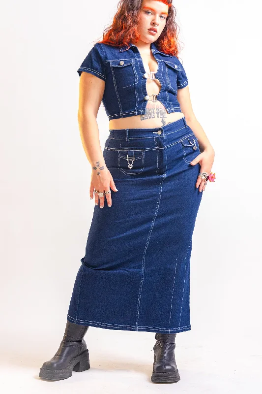 Siren Indigo Blue Denim Maxi Skirt button skirt front