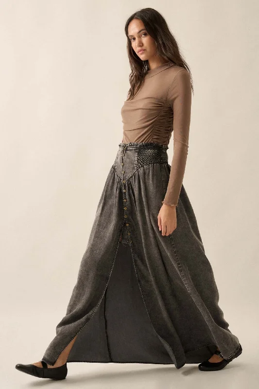 Softest Storm Acid-Wash Denim Buttoned Maxi Skirt button skirt front