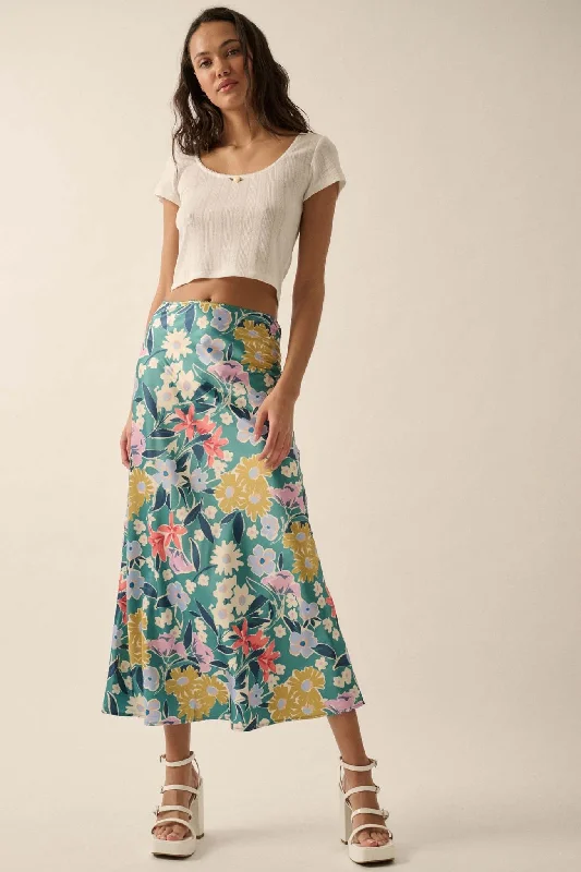 Teal Temptation Floral Satin A-Line Midi Skirt cashmere skirt fine