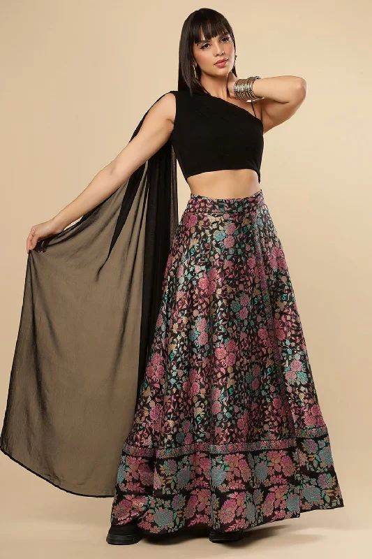 Therese Black Art Silk Floral Wrap Around Ethnic Saree Skirt corduroy skirt comfortable
