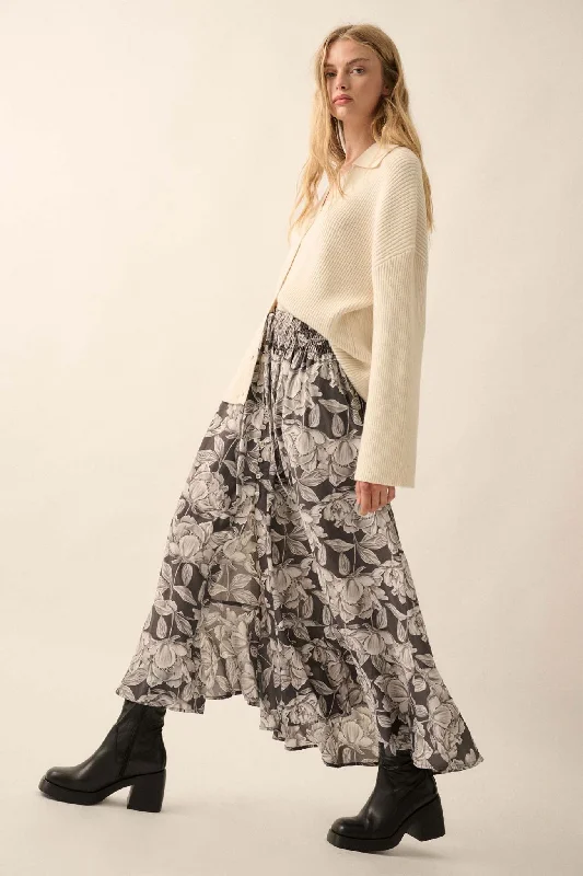 Whispering Blooms Floral Button-Front Maxi Skirt linen skirt breathable