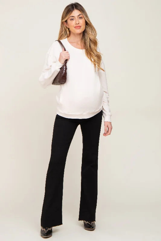 Black Flare Leg Raw Hem Maternity Jeans Trendy Button-Up High-Waist Jeans