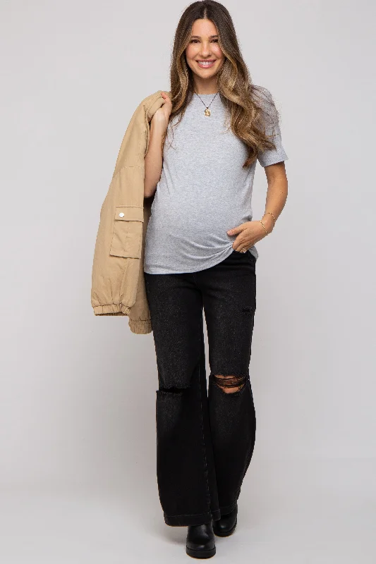 Black Slit Knee Flared Maternity Jeans Comfortable Faded High-Rise Jeans