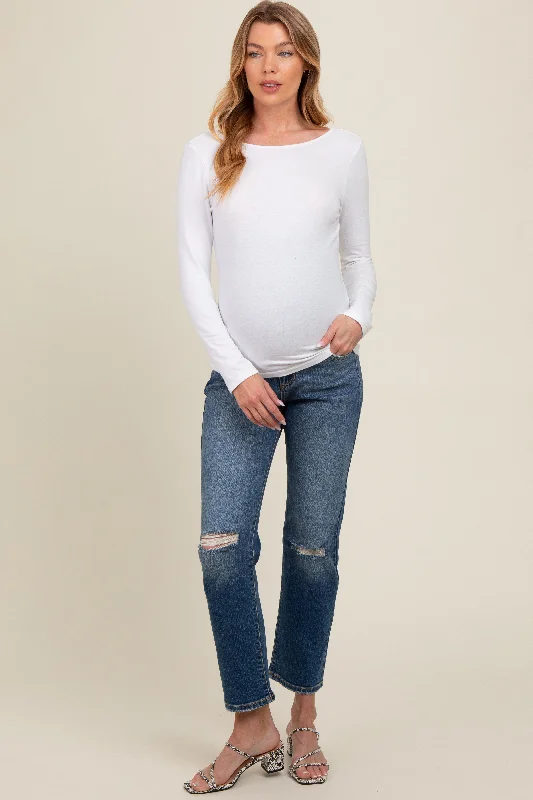 Blue Distressed Knee Slim Fit Maternity Jeans Comfortable Dark Wash Jeans