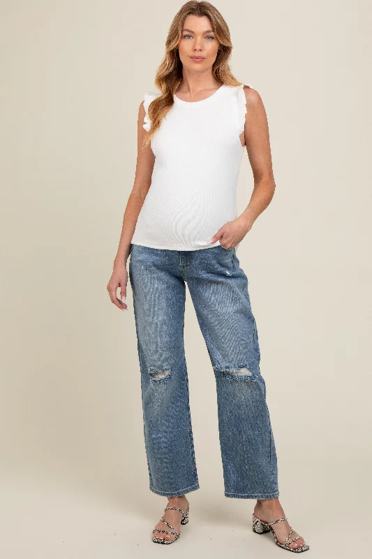 Blue Distressed Knee Straight Leg Maternity Jeans Elegant High-Waisted Flared Jeans
