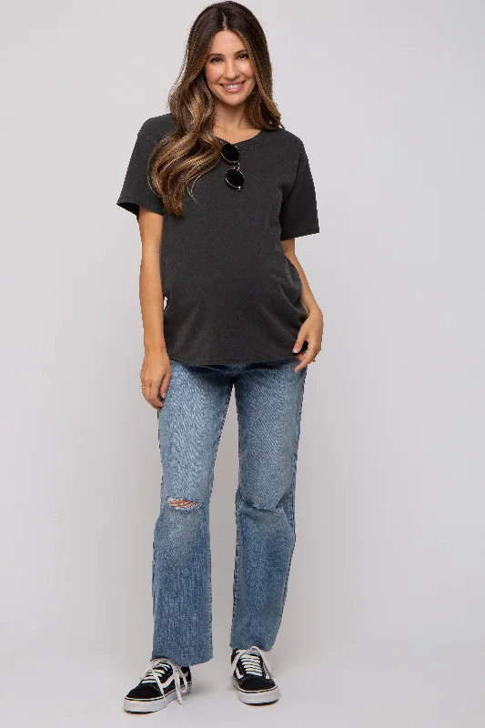 Blue Distressed Knee Straight Maternity Jeans Stylish Plus Size Denim Jeans