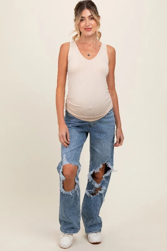 Blue Distressed Open Knee Maternity Wide Leg Jeans Fashionable Raw Edge Jeans
