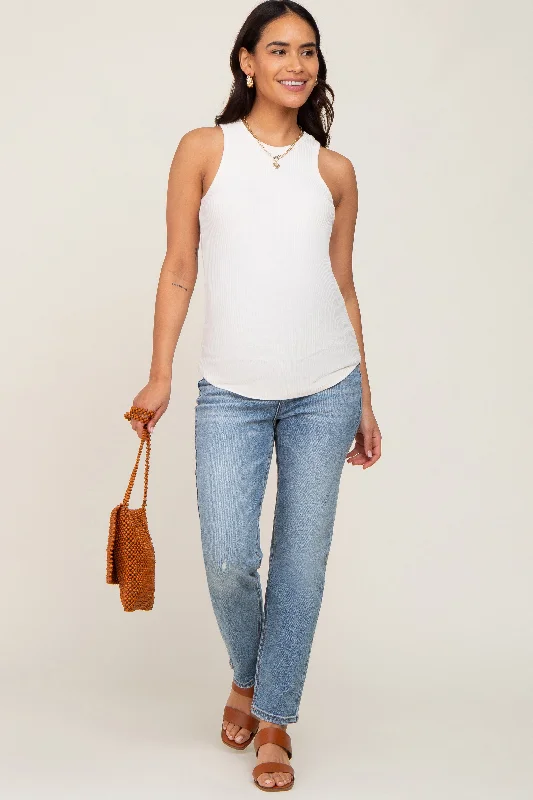 Blue Distressed Straight Leg Maternity Jeans Fashionable Button-Front Jeans
