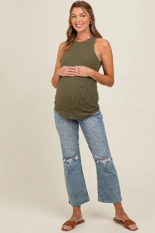 Blue Open Knee Ankle Straight Leg Maternity Jeans Classic Button Fly Jeans