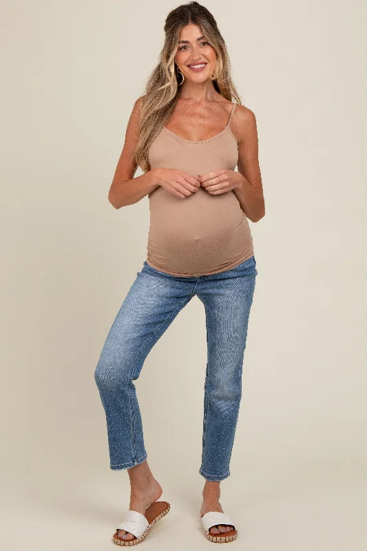 Blue Slim Straight Maternity Ankle Crop Jeans Cozy Tencel Blend Denim Jeans