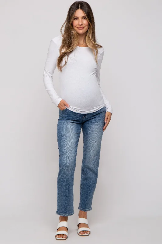 Blue Straight Crop Maternity Jeans Trendy Classic Fit Jeans