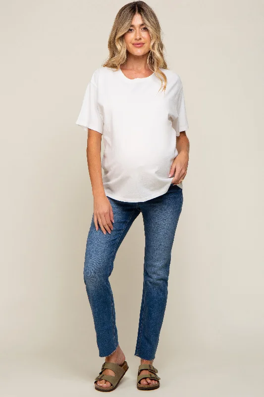 Blue Straight Leg Maternity Jeans Stylish Stone-Wash Denim Jeans