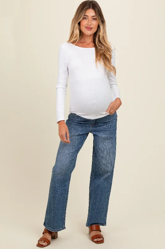 Blue Vintage Straight Leg Maternity Jeans Comfortable Drawstring Waist Jeans