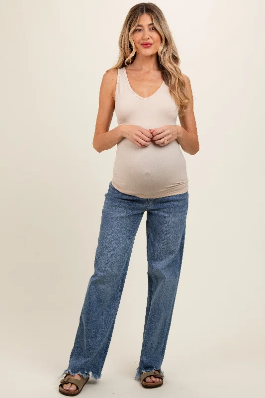 Blue Wide Leg Distressed Hem Maternity Jeans Stylish High-Waist Skinny Denim