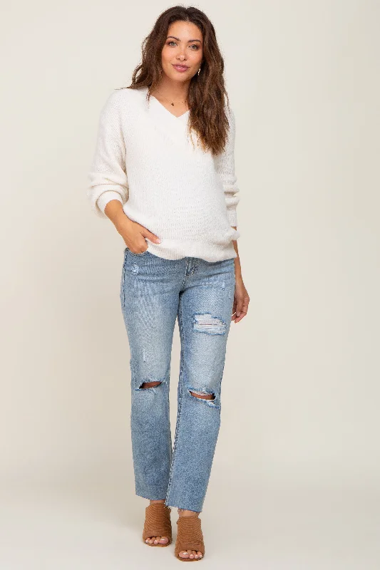 Light Blue Cropped Distressed Maternity Jeans Fashionable Raw Hem Bootcut Jeans