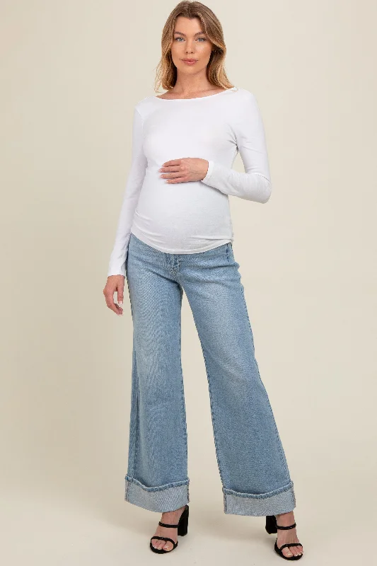 Light Blue Cuffed Maternity Wide Leg Jeans Elegant Skinny Leg Jeans