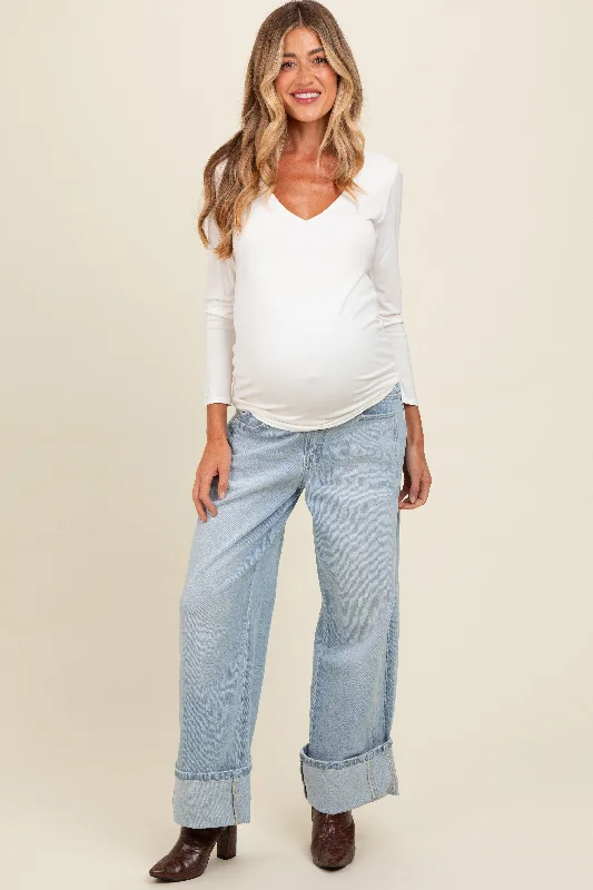 Light Blue Cuffed Relaxed Wide Leg Maternity Jeans Casual Wide-Legged Denim Jeans