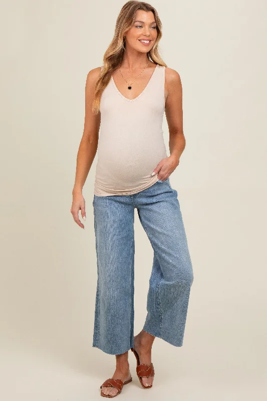 Light Blue Cut Hem Wide Leg Maternity Jeans Casual Skinny Fit Jeans