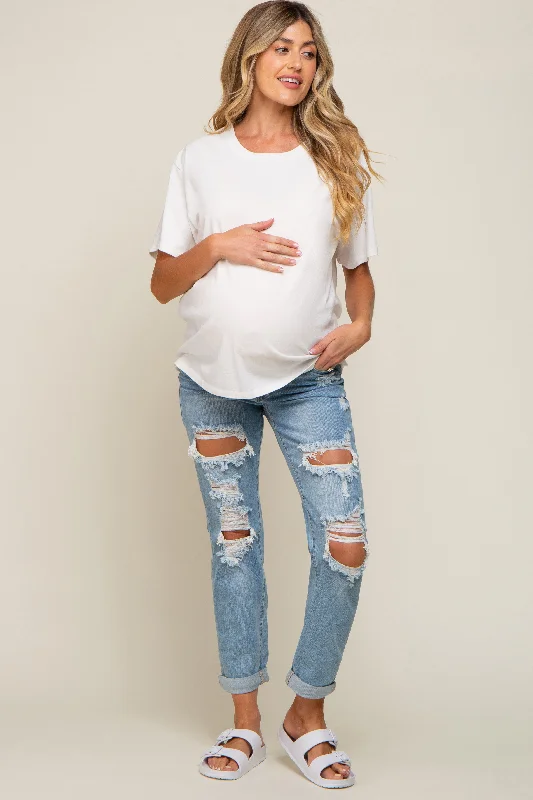 Light Blue Distressed Cuffed Maternity Skinny Jeans Trendy Bootcut High-Waisted Jeans
