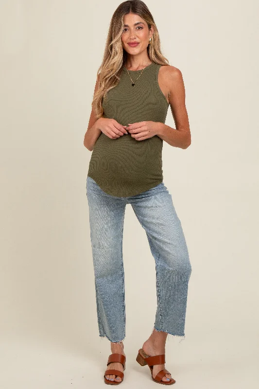 Light Blue Distressed Hem Maternity Straight Leg Jeans Comfortable Folded Hem Jeans