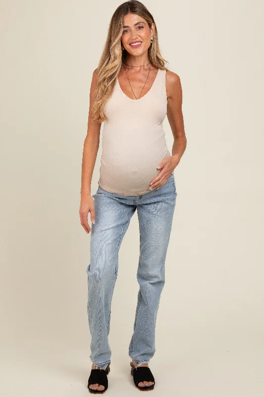 Light Blue Distressed Hem Straight Leg Maternity Jeans Trendy Bootcut High-Waisted Jeans Light Blue Distressed Hem Straight Leg Maternity Jeans Trendy Bootcut High-Waisted Jeans