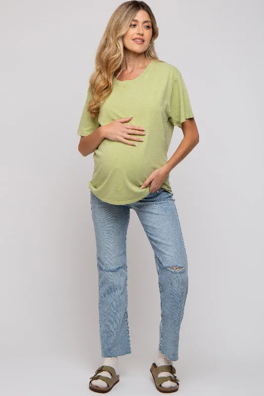 Light Blue Distressed Knee Maternity Jeans Fashionable Raw Hemmed Jeans