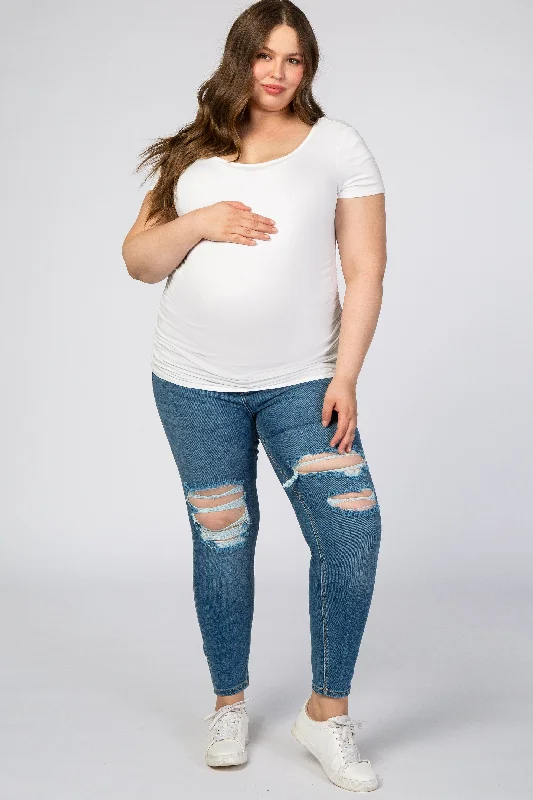 Light Blue Distressed Maternity Plus Skinny Jeans Trendy Vintage Denim Jeans