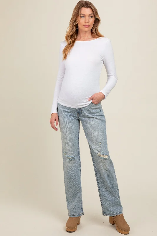 Light Blue Distressed Open Knee Maternity Straight Leg Jeans Chic Cropped Jeans