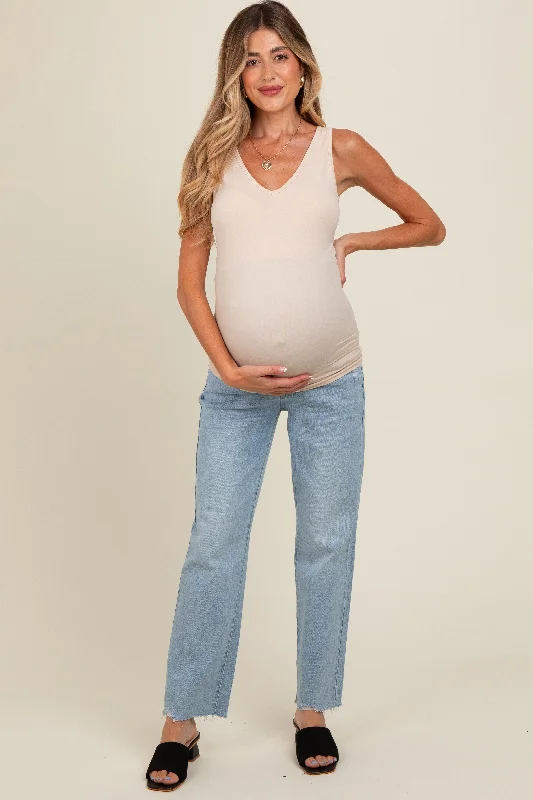 Light Blue Distressed Raw Hem Maternity Straight Leg Jeans Fashionable Frayed Hem Denim Light Blue Distressed Raw Hem Maternity Straight Leg Jeans Fashionable Frayed Hem Denim