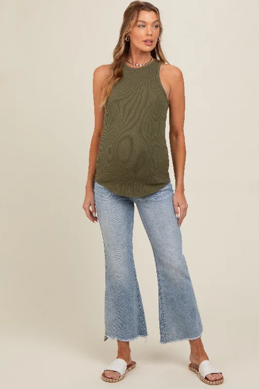 Light Blue Fringe Hem Maternity Crop Flare Jeans Fashionable Straight Cut Jeans