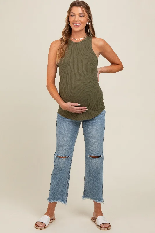 Light Blue Open Knee Fringe Hem Straight Leg Maternity Jeans Casual Distressed Denim Jeans