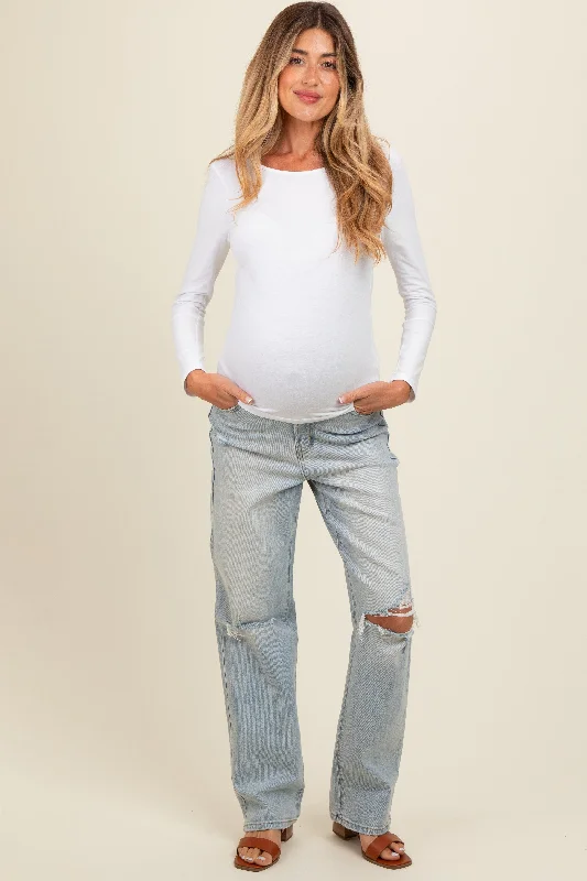 Light Blue Open Knee Relaxed Straight Leg Maternity Jeans Trendy Skinny High-Waist Jeans