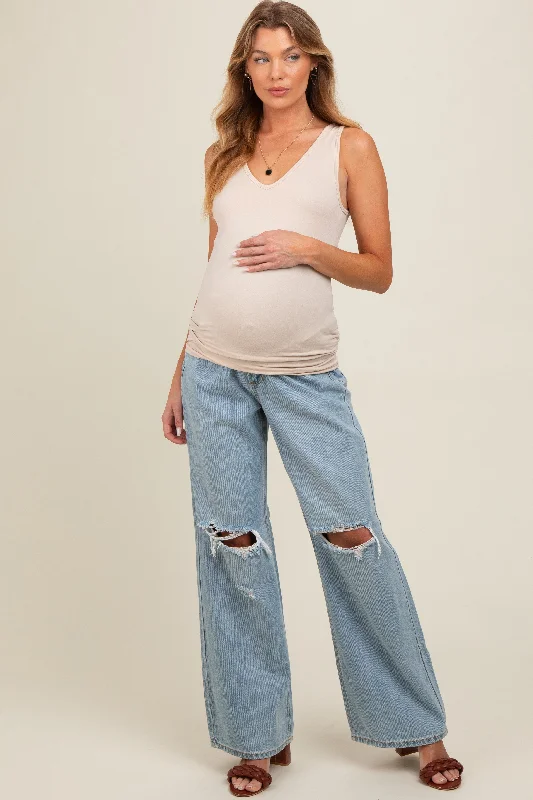 Light Blue Open Knee Relaxed Wide Leg Maternity Jeans Trendy Plus Size Jeans