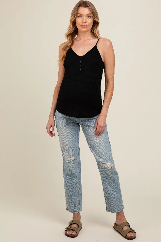 Light Blue Open Knee Straight Leg Maternity Jeans Cozy Relaxed Fit Jeans